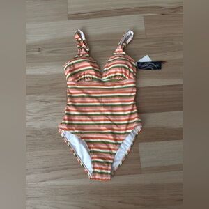 Aqua swimsuit stripes green orange size M
